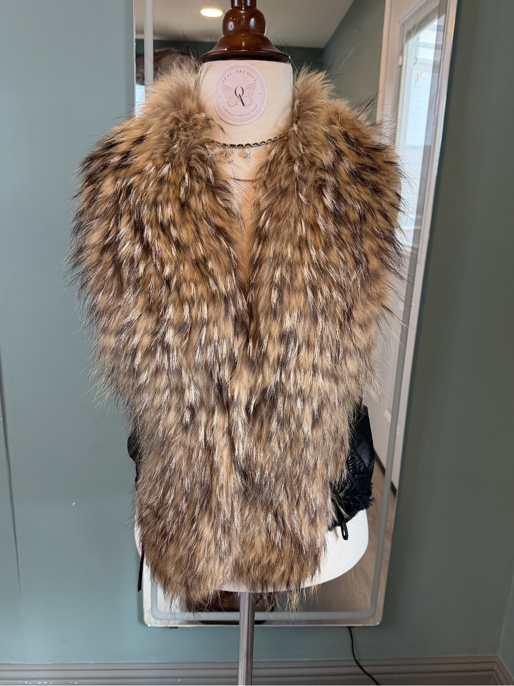 Vintage Real Raccoon Dog Fur & Rabbit Fur Vest Oversized Collar XS S